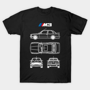 BMW E30 M3 Blueprint in White T-Shirt